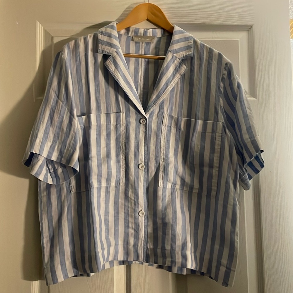 Everlane Size Large 100% Linen Blue Striped Shirt